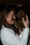 After furious bidding and $1075, this chocolate lab was hers!
